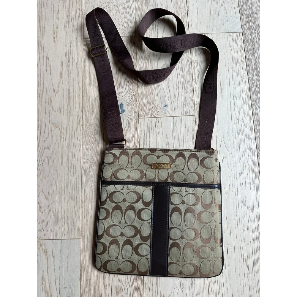 Coach Signature File Bag Khaki Mahogany Brown Canvas Crossbody Handbag F17490